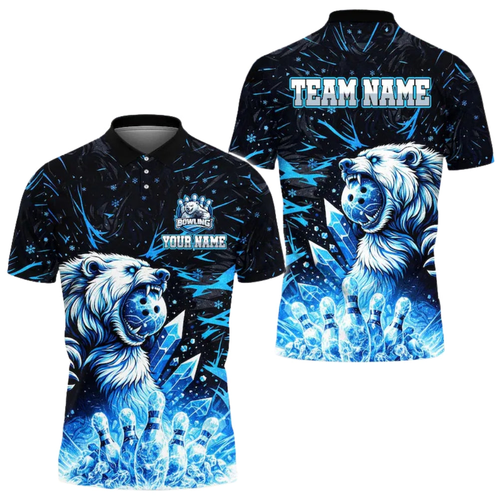 Custom Ice Bear Blue Bowling Polo Shirt For Men, Custom Bear Bowling Team Shirts BE0160