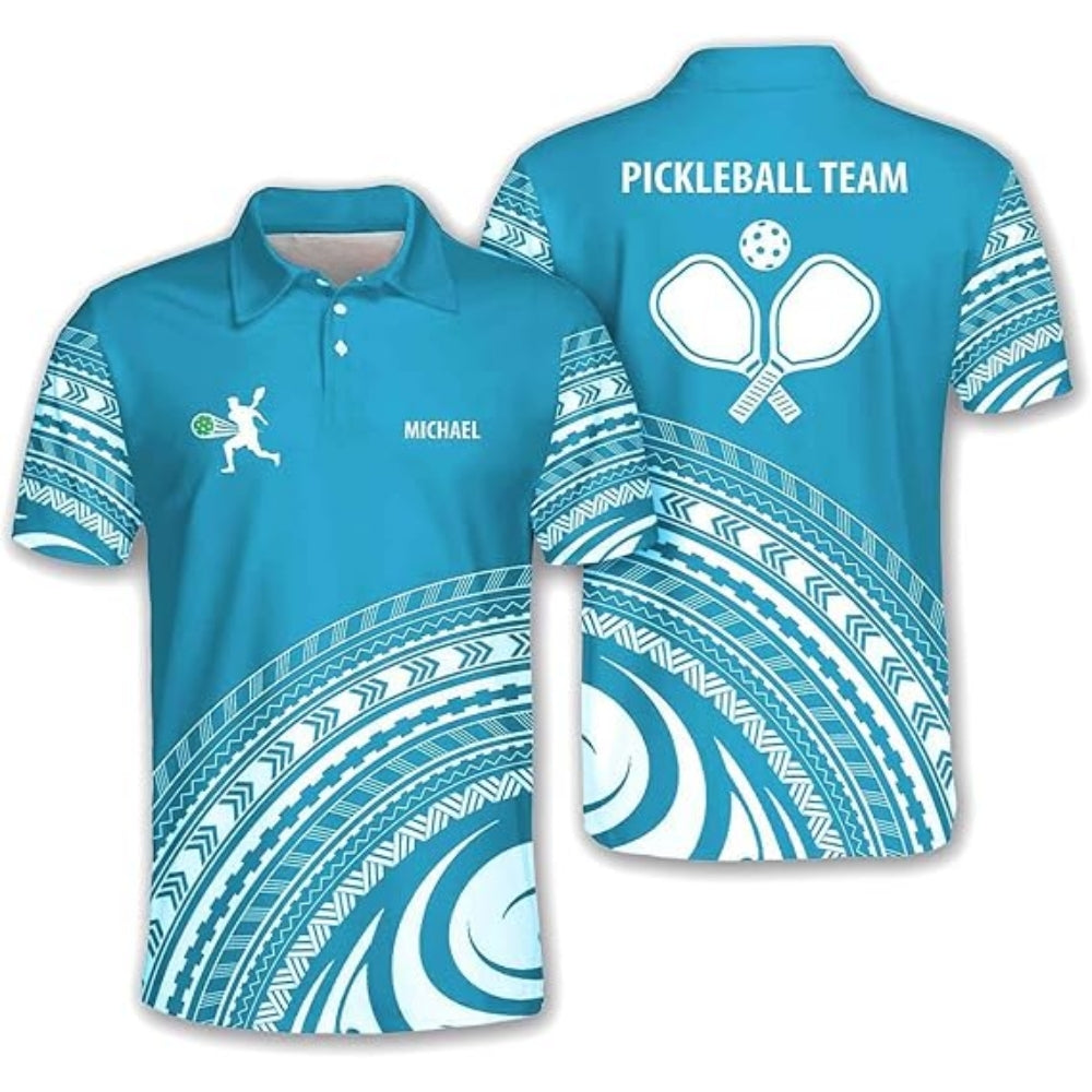 Custom Tribal Blue And White Pickleball Men's Polo Shirt, Custom Tribal Pickleball Team Shirts PZ0003