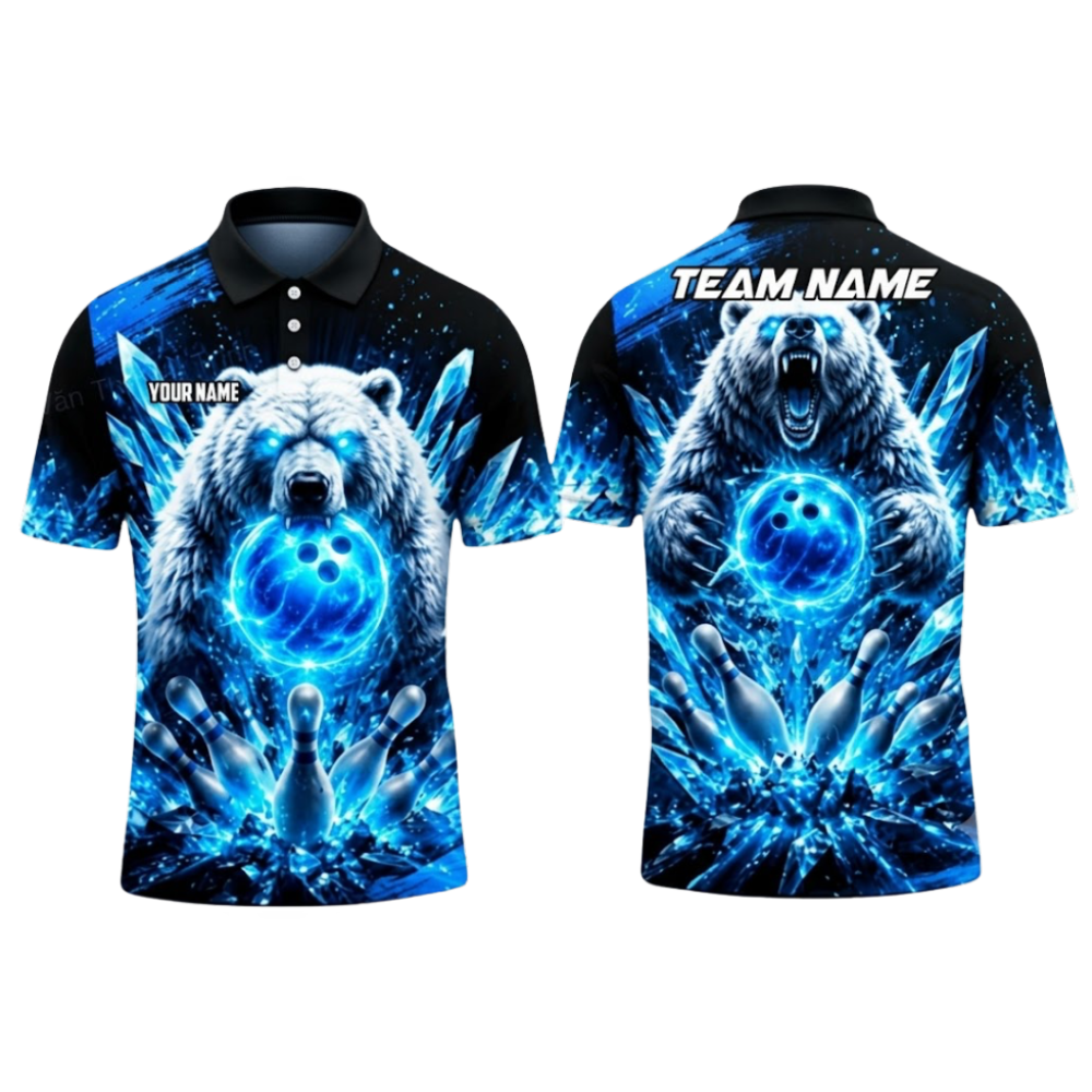 Custom Mens Bear Bowling Polo Shirts Black Red, Custom Bear Bowling Team Shirt BZ0993