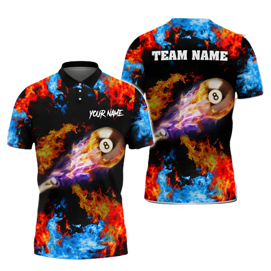 Flame Red Blue Custom Men's 8 Ball Polo Shirt, Custom Flame Billiard Shirt For Team BIZ0292