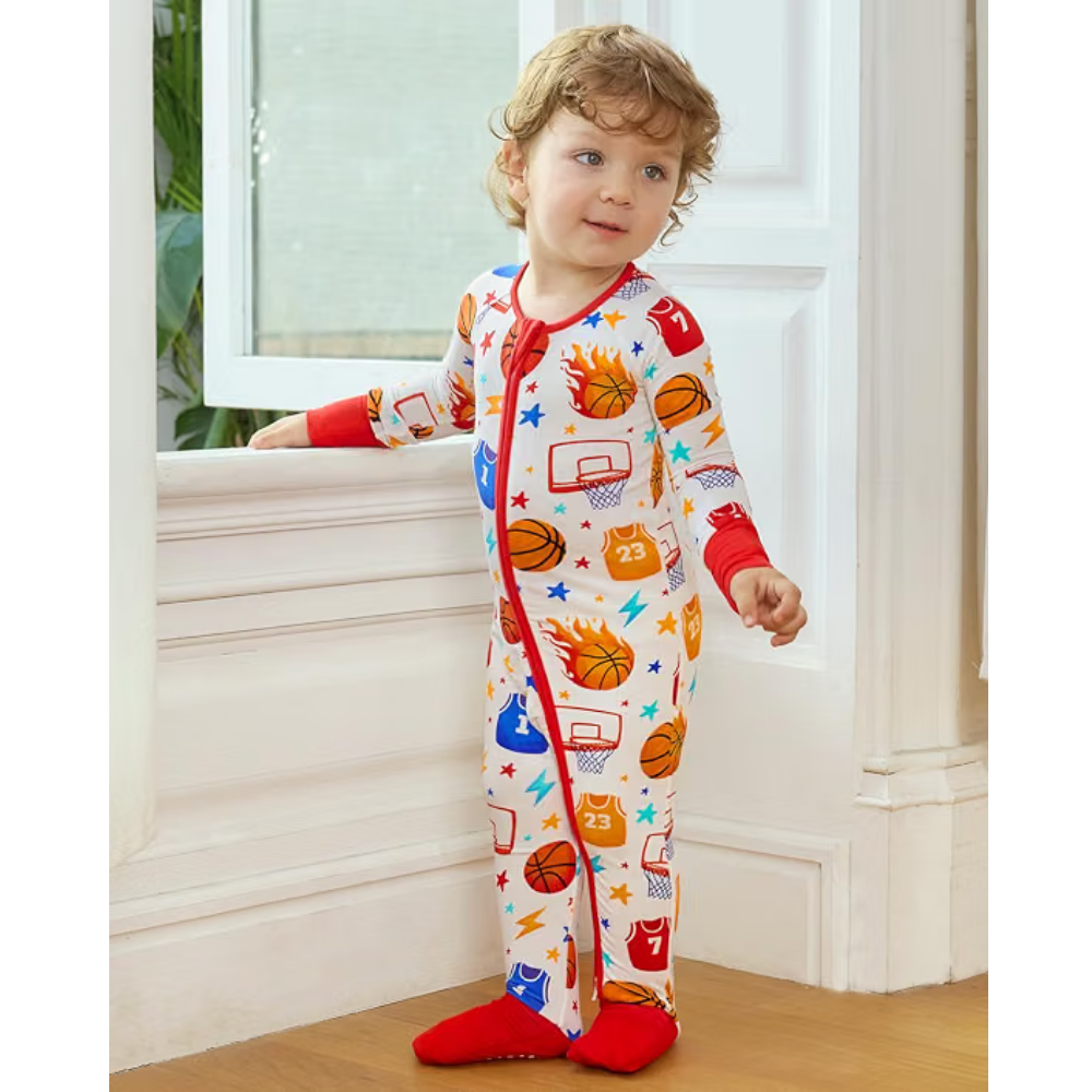 Basketball Red White Baby Romper Convertible Zipper, Basketball Romper Baby Convertible BB0635