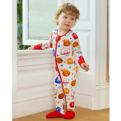 Basketball Red White Baby Romper Convertible Zipper, Basketball Romper Baby Convertible BB0635