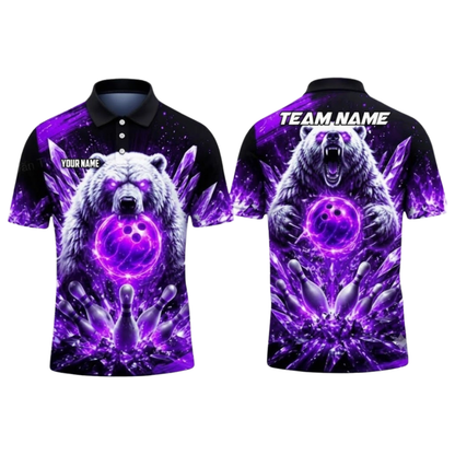 Custom Mens Bear Bowling Polo Shirts Black Red, Custom Bear Bowling Team Shirt BZ0993