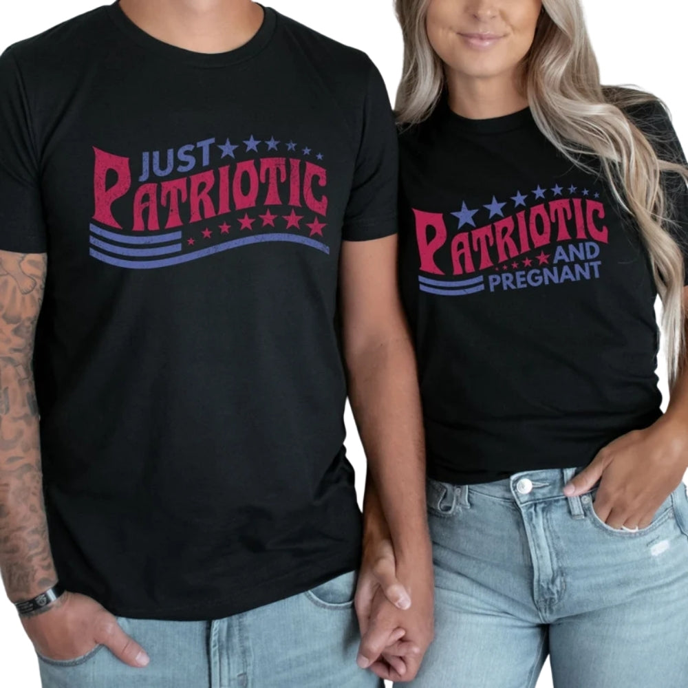 Just Patriotic And Pregnant Matching Baby Announcement 4th Of July Shirt For Husband And Wife, Pregnancy Announcement Matching Shirts For Couple ET0738