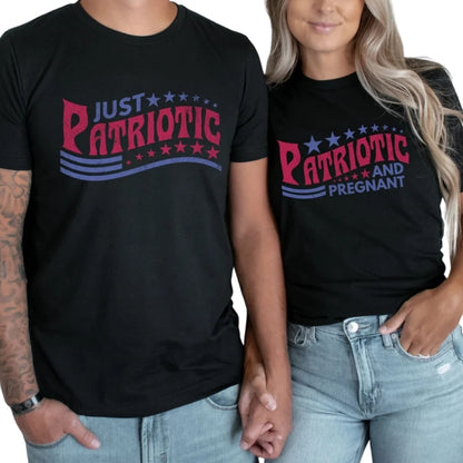 Just Patriotic And Pregnant Matching Baby Announcement 4th Of July Shirt For Husband And Wife, Pregnancy Announcement Matching Shirts For Couple ET0738