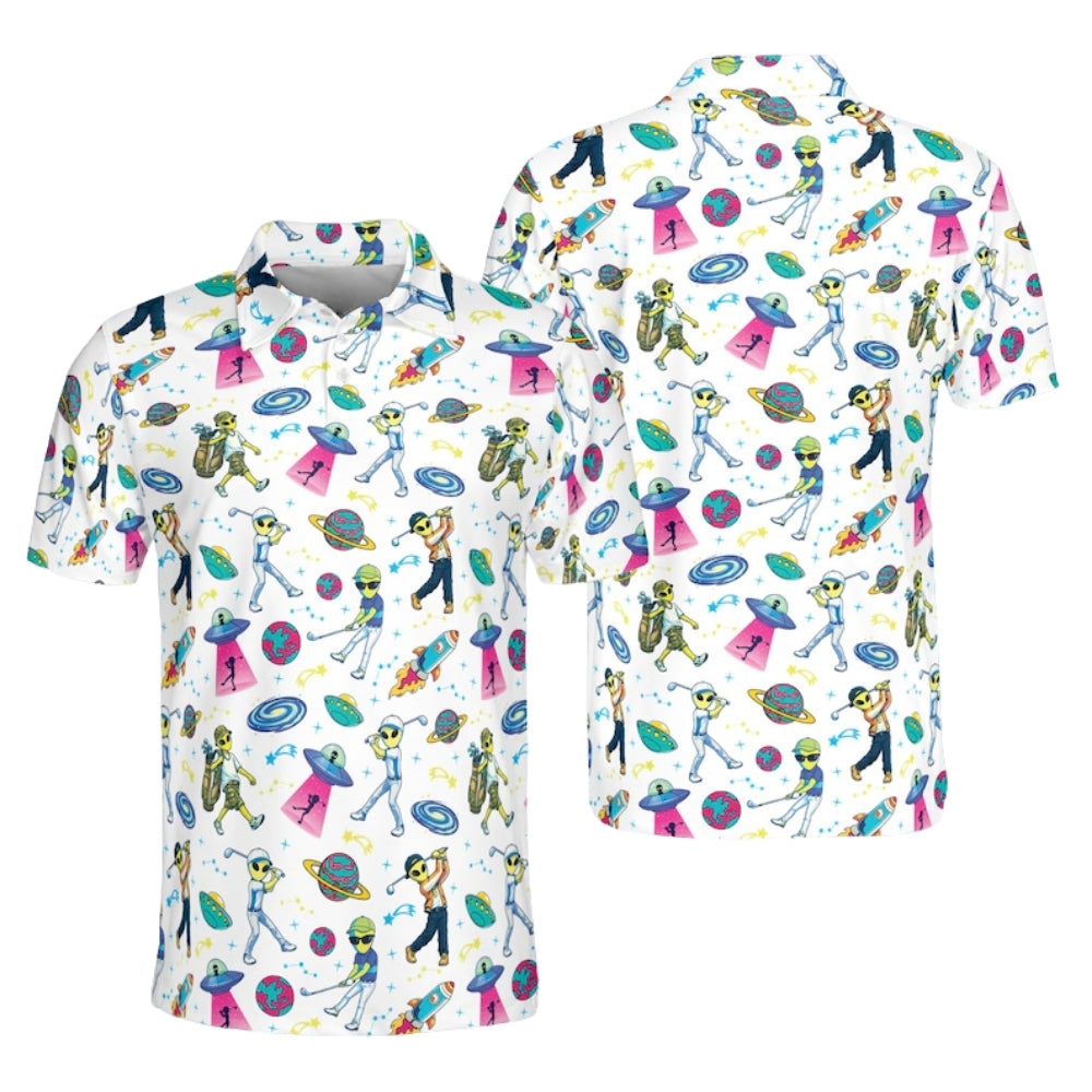 Funny Alien Golf Men's Polo Shirt, Space Alien Golf Shirts GE0351