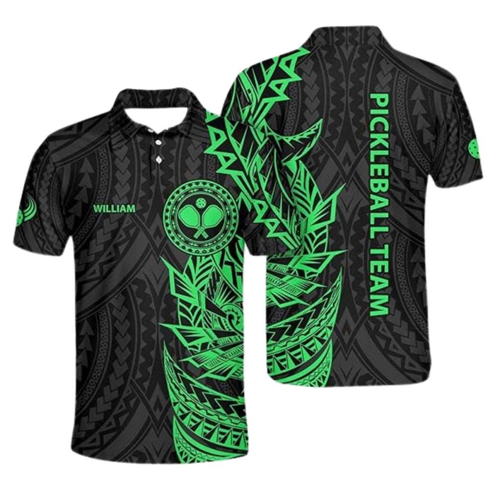 Custom Black Green Tribal Pickleball Polo Shirt Mens, Custom Tribal Pickleball Shirts For Team PZ0004