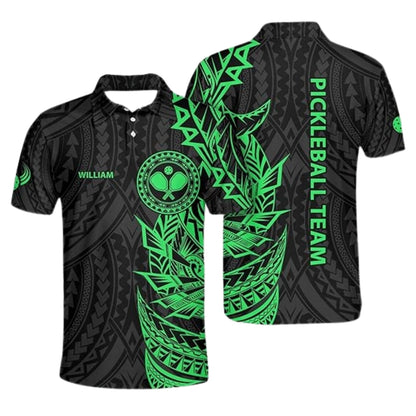 Custom Black Green Tribal Pickleball Polo Shirt Mens, Custom Tribal Pickleball Shirts For Team PZ0004