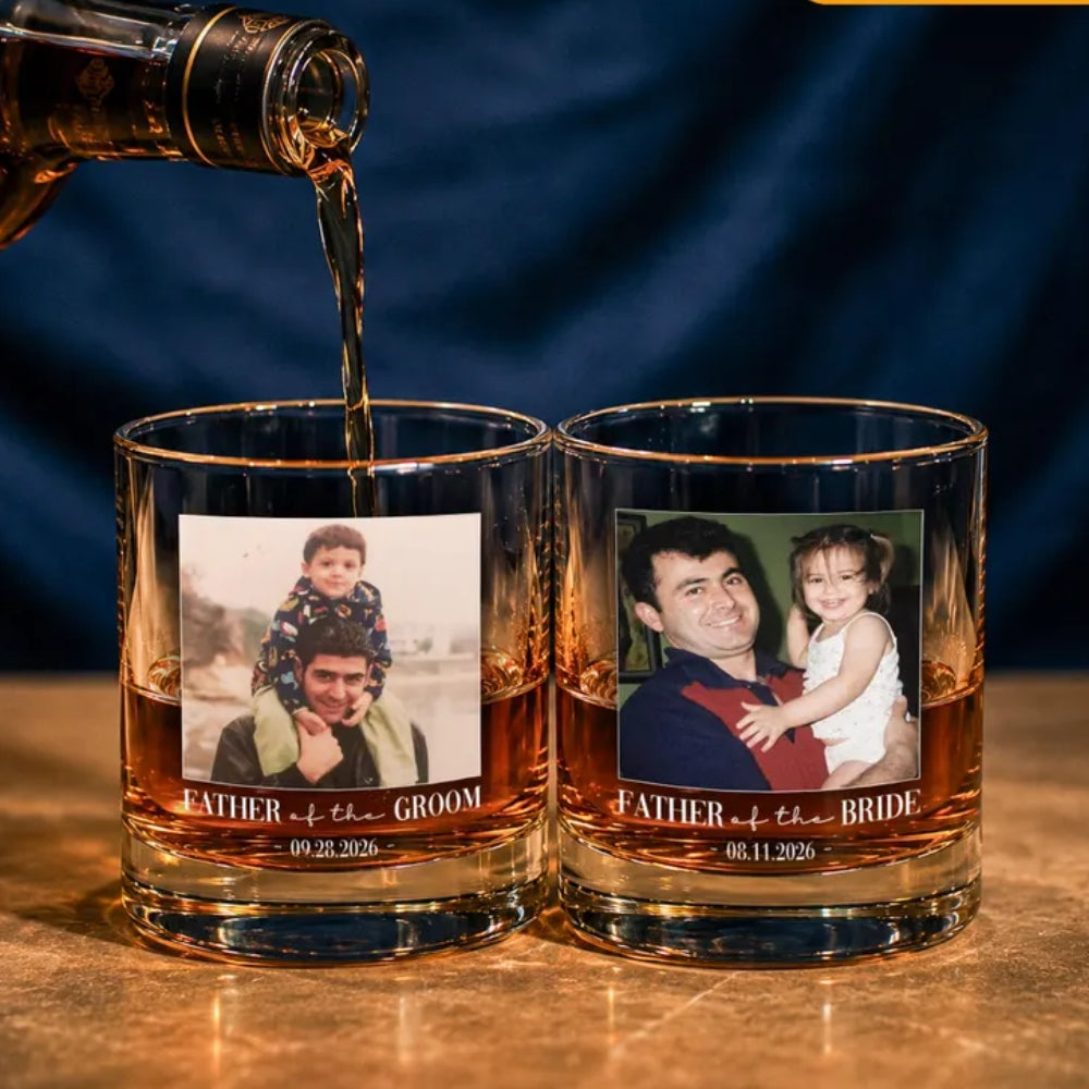 Father Of The Bride Groom Custom Photo Whiskey Glass, Custom Father Of The Couple Wedding Glass WD0361