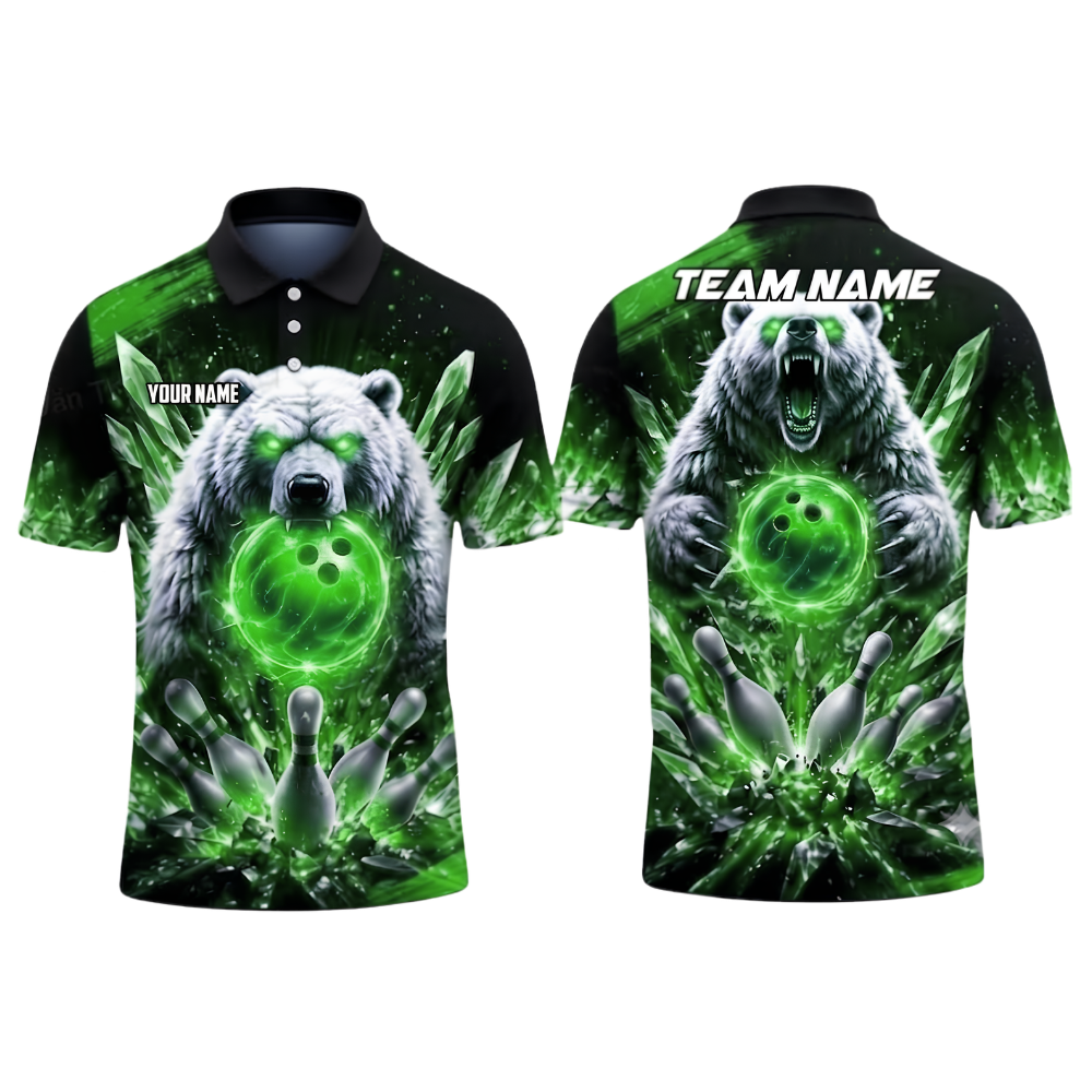 Custom Mens Bear Bowling Polo Shirts Black Red, Custom Bear Bowling Team Shirt BZ0993