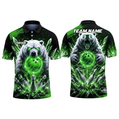 Custom Mens Bear Bowling Polo Shirts Black Red, Custom Bear Bowling Team Shirt BZ0993