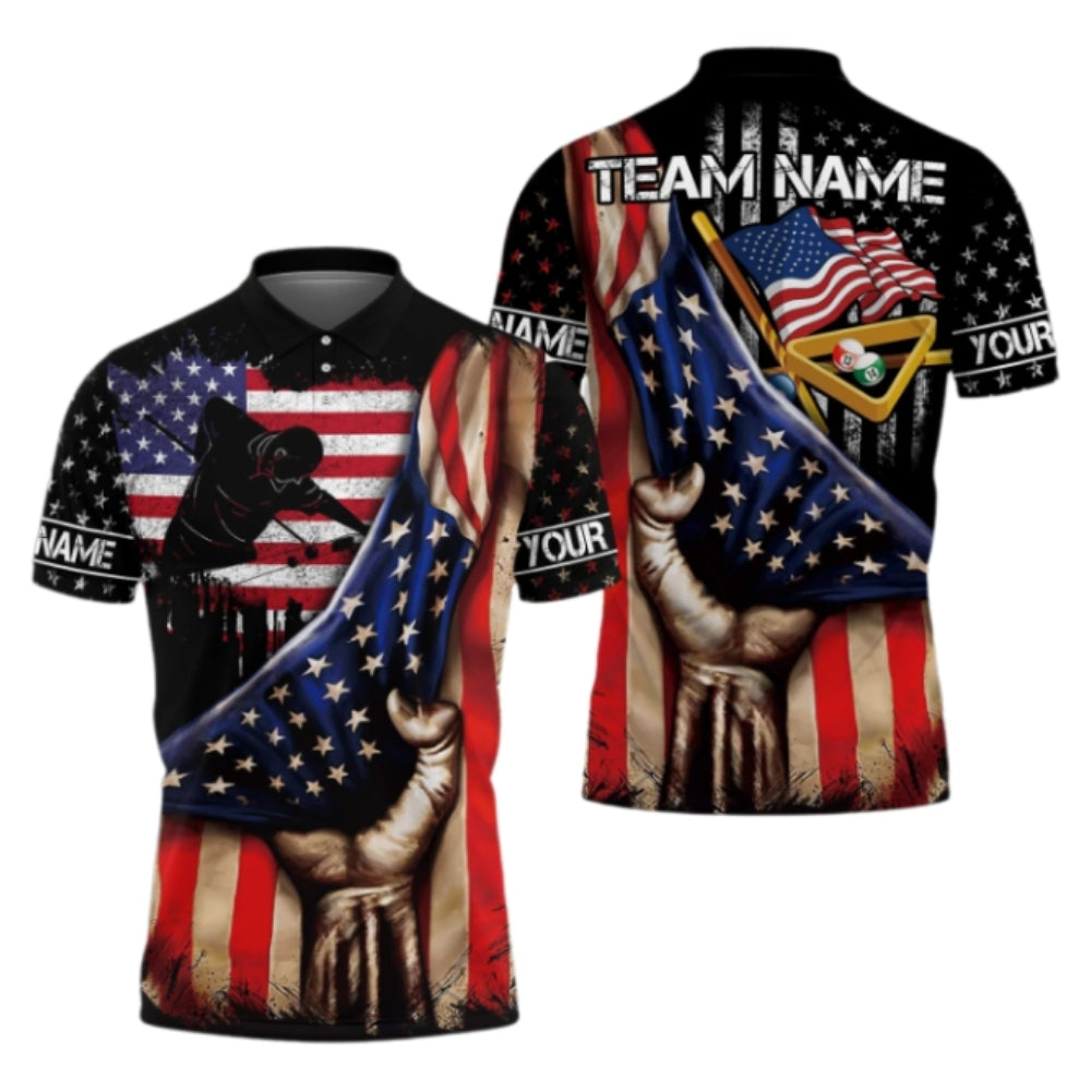 Custom American Flag Billiard Player Polo Shirt Mens, Custom Patriotic Billiard Team Shirts BIZ0294