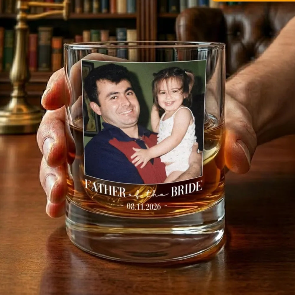 Father Of The Bride Groom Custom Photo Whiskey Glass, Custom Father Of The Couple Wedding Glass WD0361