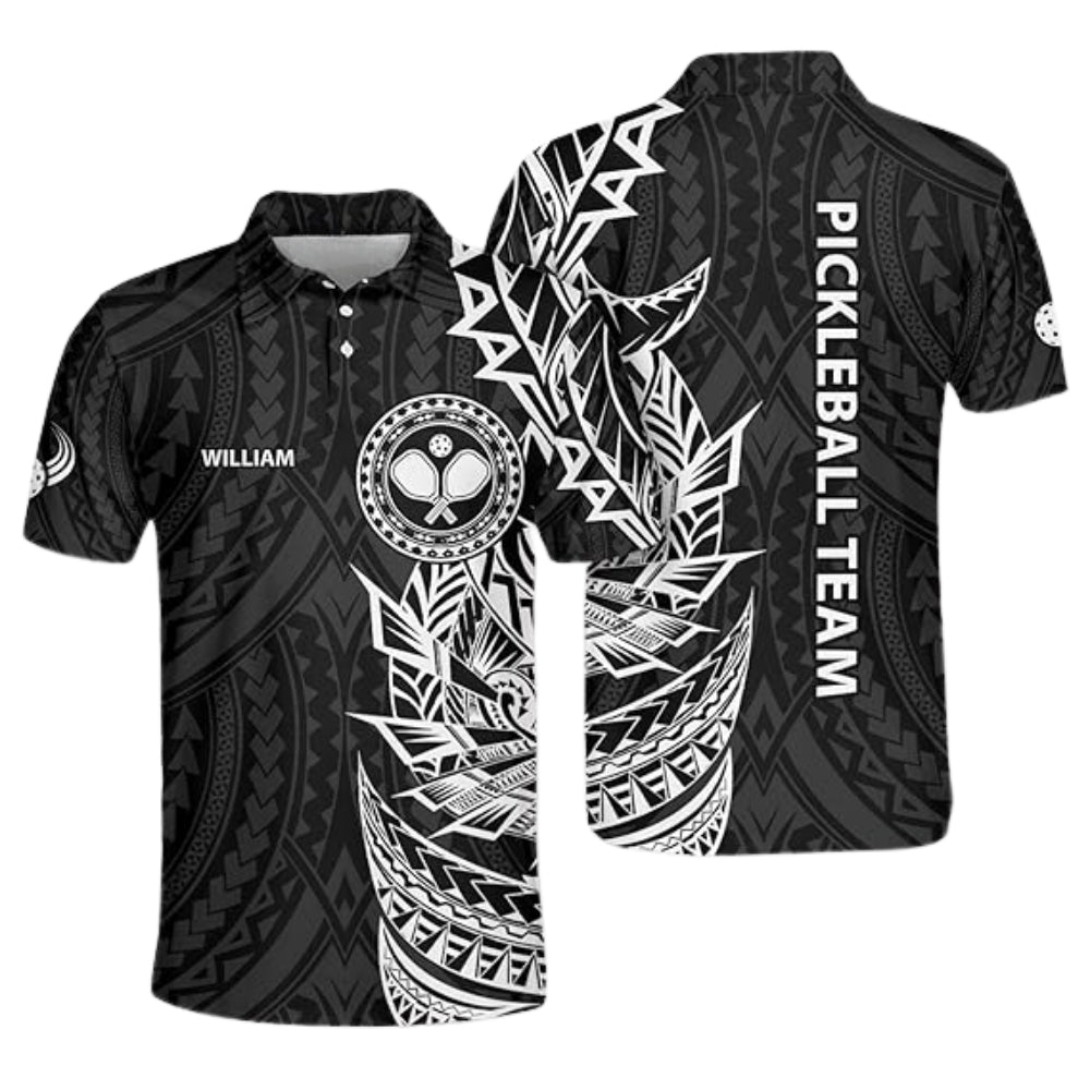 Custom Black Green Tribal Pickleball Polo Shirt Mens, Custom Tribal Pickleball Shirts For Team PZ0004