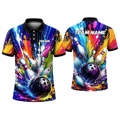 Custom Bowling Colorful Splash Polo Shirt For Men, Custom Team Bowling Shirt BZ0994