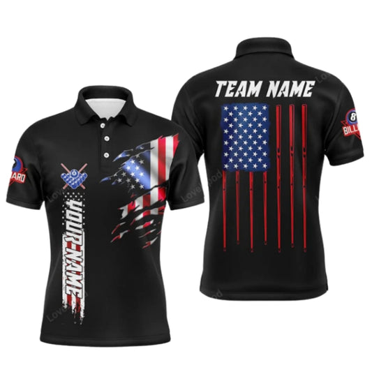 American Flag Custom Men's Black Billiard Polo Shirt, Custom Patriotic Billiard Shirts For Team BIZ0295