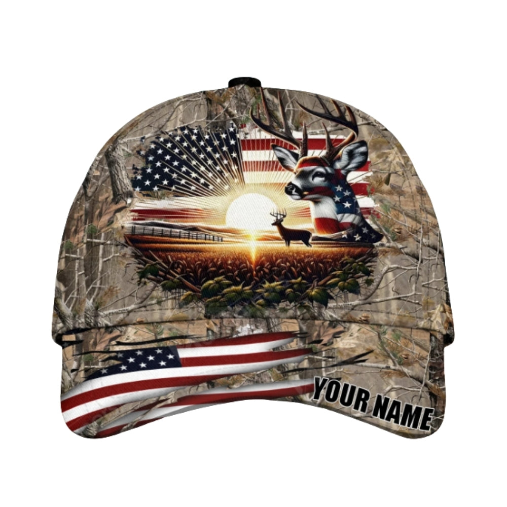 Custom American Flag Deer Hunting Cap, Custom Patriotic Deer Hunting 3D Baseball Caps CP0371