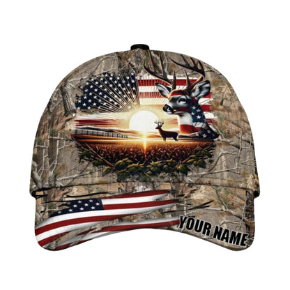 Custom American Flag Deer Hunting Cap, Custom Patriotic Deer Hunting 3D Baseball Caps CP0371