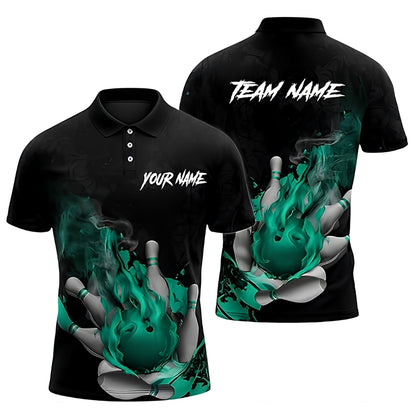 Custom Flame Green Black Bowling Polo Shirt Men, Custom Team Flame Bowling Shirt BZ0365