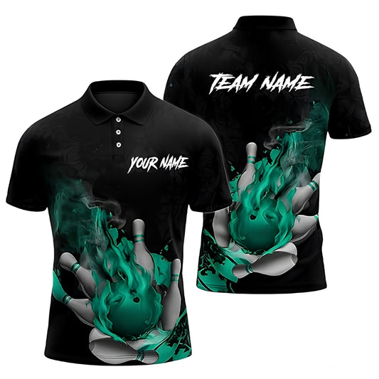 Custom Flame Green Black Bowling Polo Shirt Men, Custom Team Flame Bowling Shirt BZ0365