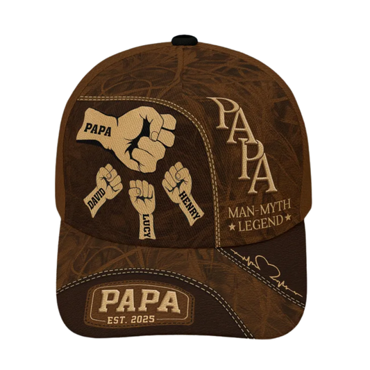 Papa Man Myth Legened Custom Fist Bump With Kid Names Baseball Cap, Custom Father Day Cap For Dad CP0153