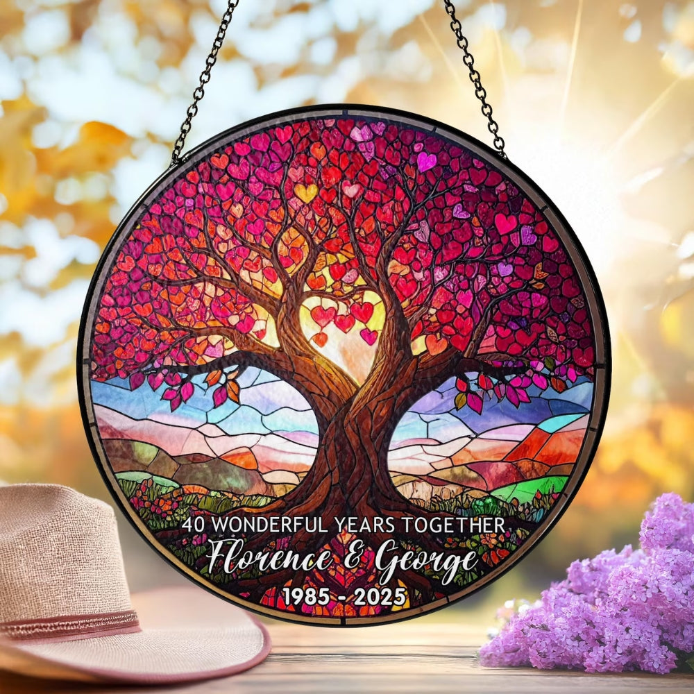 40 Wonderful Years Together Personalized Ruby Tree Stained Glass Suncatcher, Custom Ruby Anniversary Suncatcher WD0382
