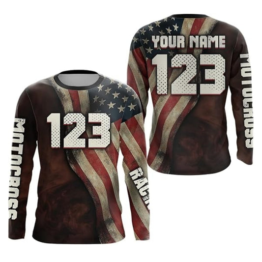 American Flag Custom Motocross Long Sleeve Jersey For Men, Custom Patriotic Motocross Shirts MZ0042