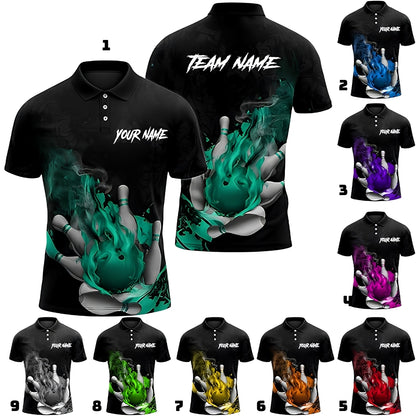 Custom Flame Green Black Bowling Polo Shirt Men, Custom Team Flame Bowling Shirt BZ0365