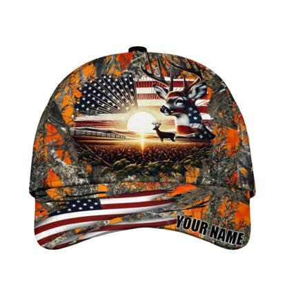 Custom American Flag Deer Hunting Cap, Custom Patriotic Deer Hunting 3D Baseball Caps CP0371