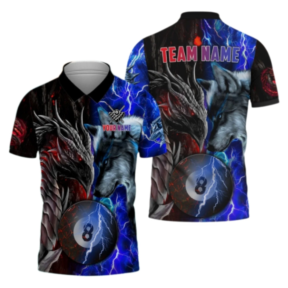 Custom Dragon Wolf Billiard Men Polo Shirt Blue And Red, Custom Wolf Dragon Billiard Team Shirts BIZ0296
