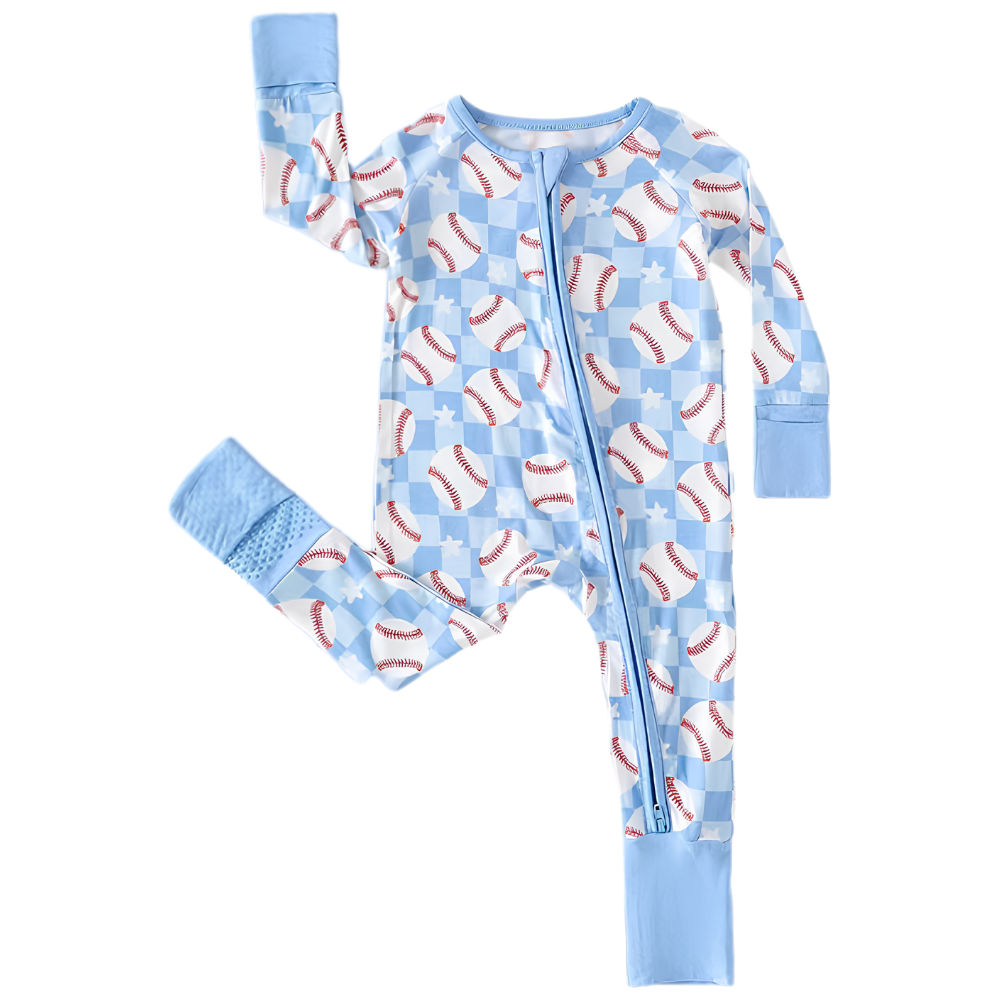 Baseball Blue Checkered Baby Convertible Zippy Romper, Baseball Baby Romper Convertible BB0637