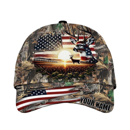 Custom American Flag Deer Hunting Cap, Custom Patriotic Deer Hunting 3D Baseball Caps CP0371