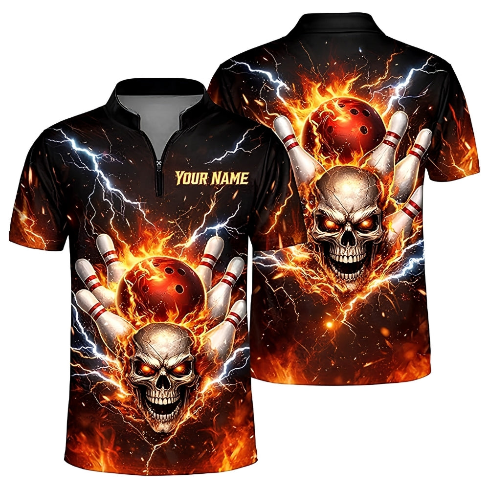 Custom Men's Flame Skull Bowling Jersey, Custom Skull Bowling Shirts BZ0366