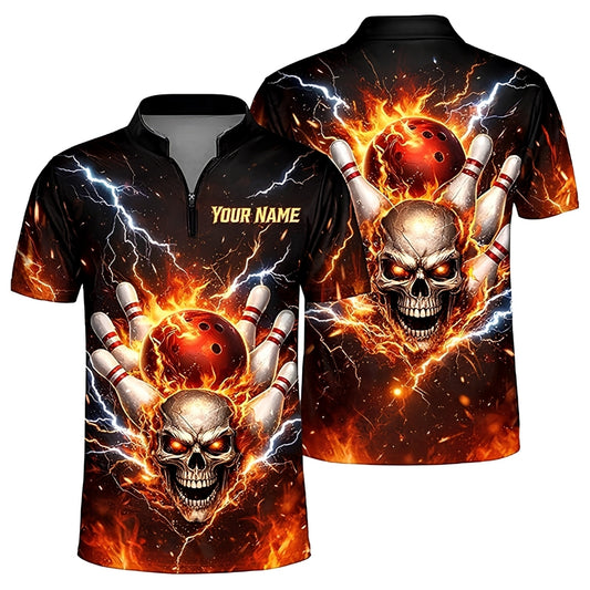 Custom Men's Flame Skull Bowling Jersey, Custom Skull Bowling Shirts BZ0366