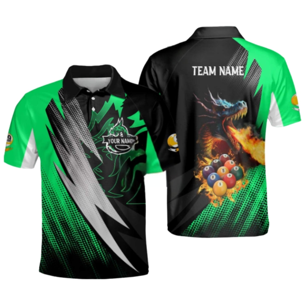 Custom Dragon 9 Ball Men's Billiard Polo Shirt Black Green, Custom Dragon Billiard Team Shirts BIZ0297