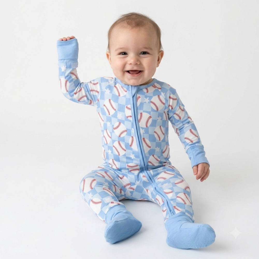 Baseball Blue Checkered Baby Convertible Zippy Romper, Baseball Baby Romper Convertible BB0637