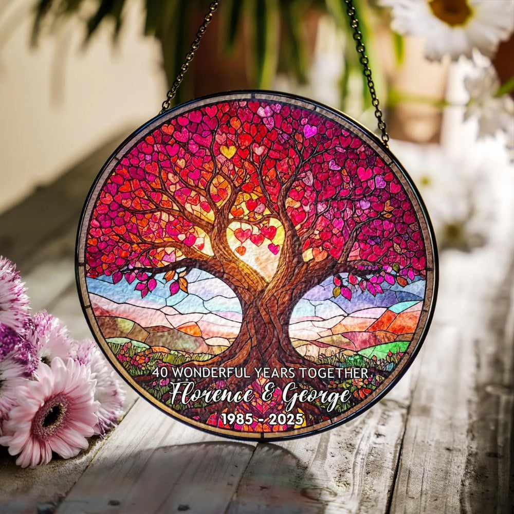 40 Wonderful Years Together Personalized Ruby Tree Stained Glass Suncatcher, Custom Ruby Anniversary Suncatcher WD0382