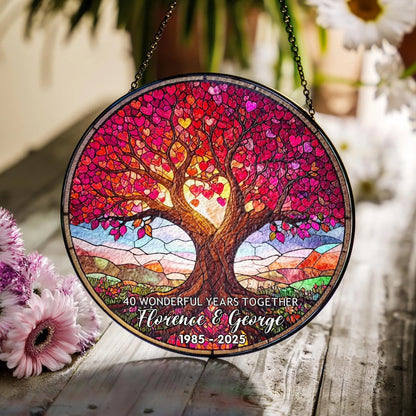 40 Wonderful Years Together Personalized Ruby Tree Stained Glass Suncatcher, Custom Ruby Anniversary Suncatcher WD0382