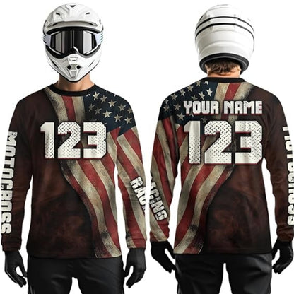 American Flag Custom Motocross Long Sleeve Jersey For Men, Custom Patriotic Motocross Shirts MZ0042