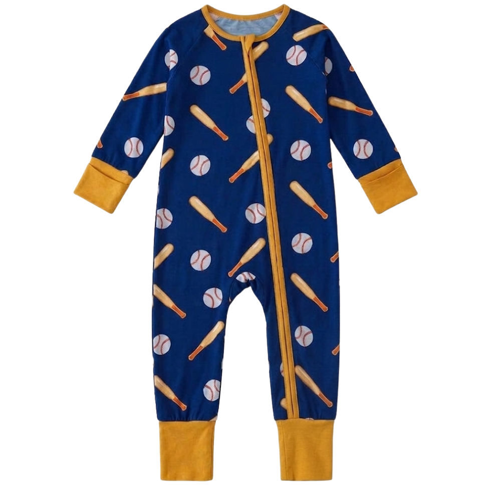 Baseball Navy Yellow Baby Convertible Zipper Romper, Baseball Baby Romper Convertible BB0638