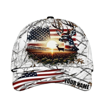 Custom American Flag Deer Hunting Cap, Custom Patriotic Deer Hunting 3D Baseball Caps CP0371