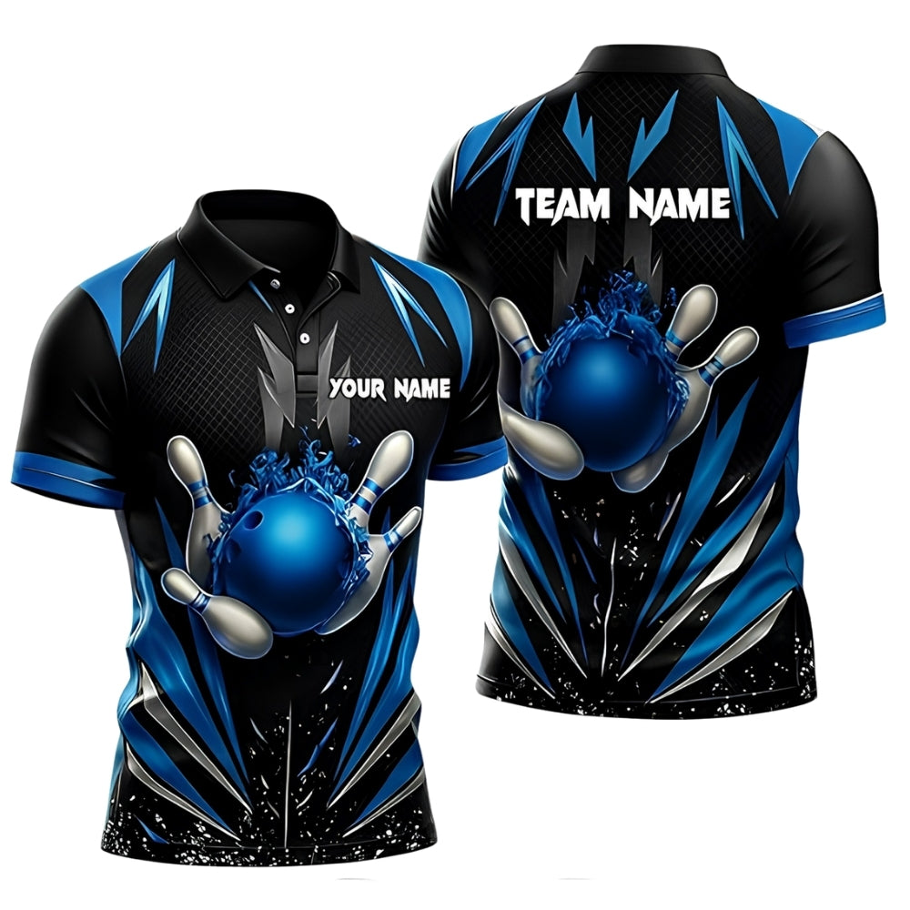 Custom Team Black And Blue Bowling Polo Shirt For Men, Custom Bowling Shirts BZ0368
