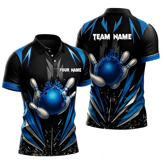 Custom Team Black And Blue Bowling Polo Shirt For Men, Custom Bowling Shirts BZ0368