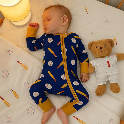 Baseball Navy Yellow Baby Convertible Zipper Romper, Baseball Baby Romper Convertible BB0638
