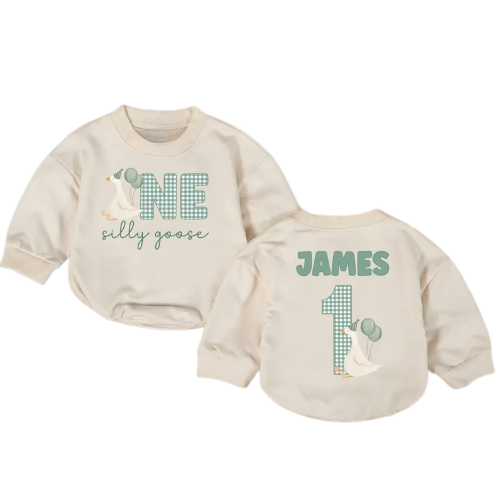 One Silly Goose Custom First Birthday Baby Romper Sweatshirt, Custom 1st Birthday Goose Romper Sweatshirt For Baby BB0507