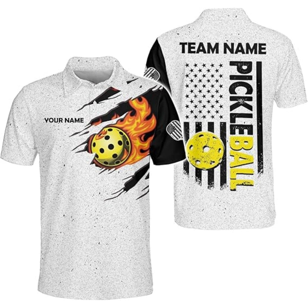 Custom US Flag Flame Pickleball Polo Shirt For Men, Custom Patriotic Pickleball Team Shirts PZ0005
