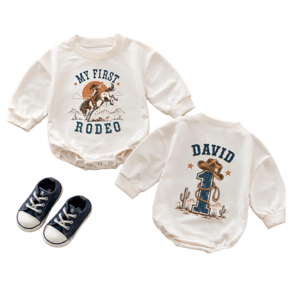 My First Rodeo Custom Cowboy Baby Romper Sweatshirt, Custom Western First Birthday Baby Romper Sweater BB0508
