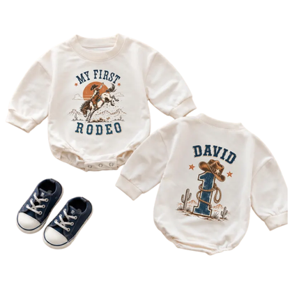 My First Rodeo Custom Cowboy Baby Romper Sweatshirt, Custom Western First Birthday Baby Romper Sweater BB0508