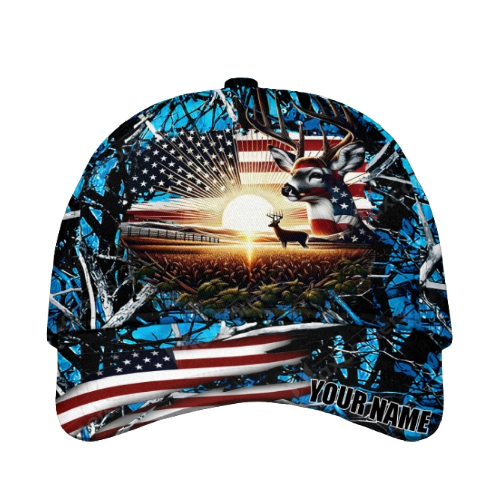 Custom American Flag Deer Hunting Cap, Custom Patriotic Deer Hunting 3D Baseball Caps CP0371