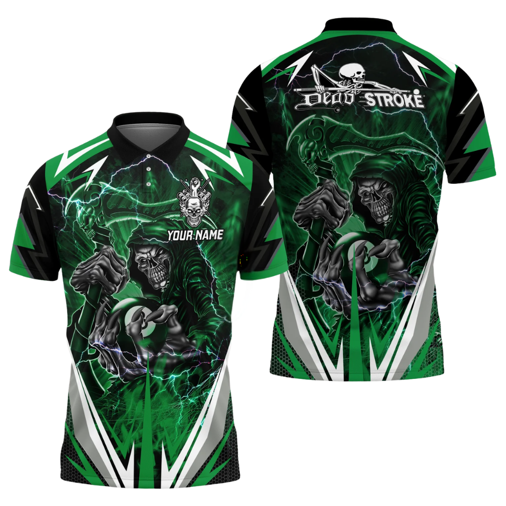 Custom Dead Stroke Skull 8 Ball Mens Blue Billiard Polo Shirt, Custom Skull Billiard Shirts BIZ0310